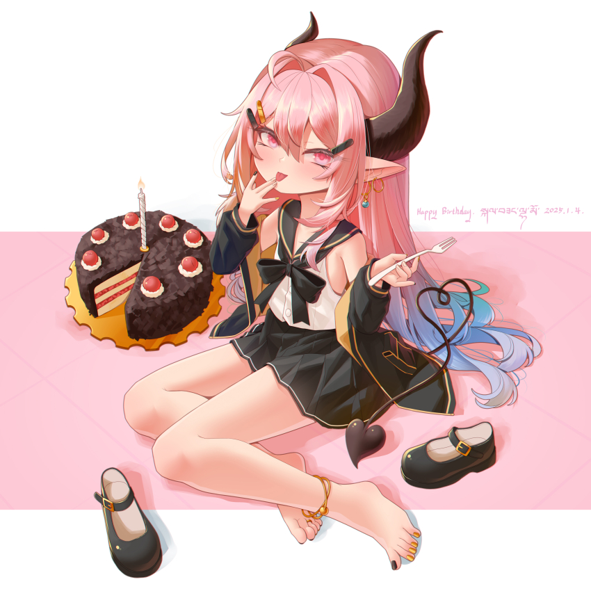 1girl absurdres barefoot cake demon_girl demon_tail feet food highres horns karv light_blush long_hair looking_at_viewer mary_janes pink_eyes pink_hair shoes soles tail toes tongue tongue_out unworn_shoes