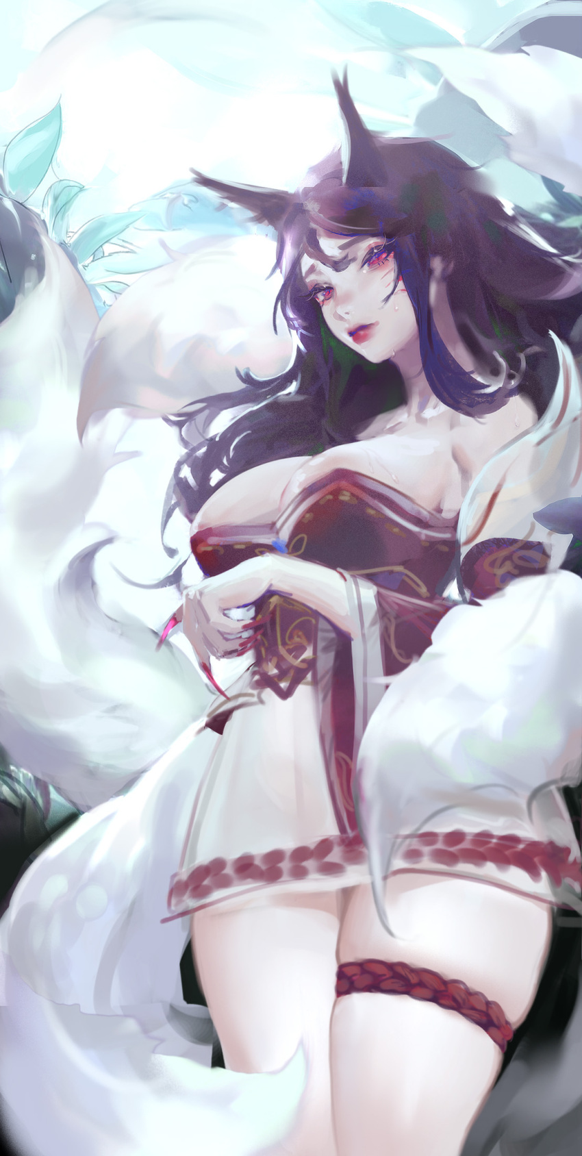 1girl ahri_(league_of_legends) animal_ears black_hair bloom breasts detached_sleeves facial_mark fingernails fox_ears fox_girl fox_tail fur_trim highres large_breasts league_of_legends long_fingernails long_hair looking_at_viewer multiple_tails pink_eyes redooo solo tail thighs whisker_markings