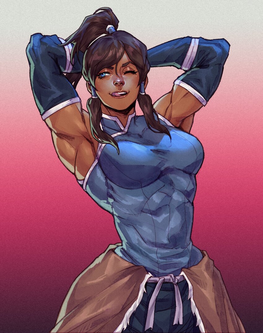 abs armpits arms_behind_head avatar_legends az_ciam blue_eyes braid breasts brown_hair collar elbow_gloves gloves high_ponytail highres korra large_breasts muscular muscular_female one_eye_closed ponytail simple_background skirt smile the_legend_of_korra tongue tongue_out twin_braids