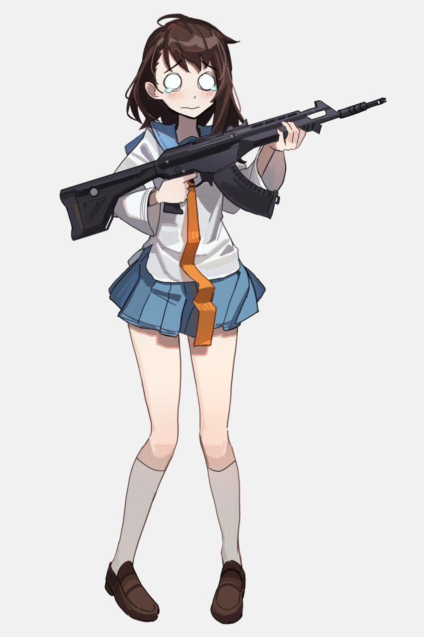 1girl blue_sailor_collar blush brown_hair brown_shoes closed_mouth commission dethmaid full_body gun highres holding holding_gun holding_weapon long_sleeves medium_hair miniskirt necktie nisekoi onodera_kosaki orange_necktie pleated_skirt sailor_collar shirt shoes skirt solo tearing_up weapon white_shirt