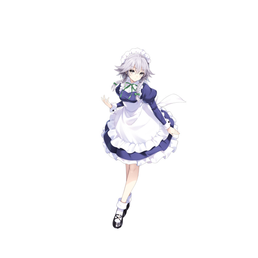 1girl apron blue_dress bow braid closed_mouth dress green_bow green_ribbon grey_hair hair_bow highres hirano_katsuyuki izayoi_sakuya juliet_sleeves long_hair long_sleeves looking_at_viewer maid maid_headdress neck_ribbon official_art puffy_sleeves ribbon shoes socks solo touhou touhou_spell_carnival transparent_background twin_braids white_socks