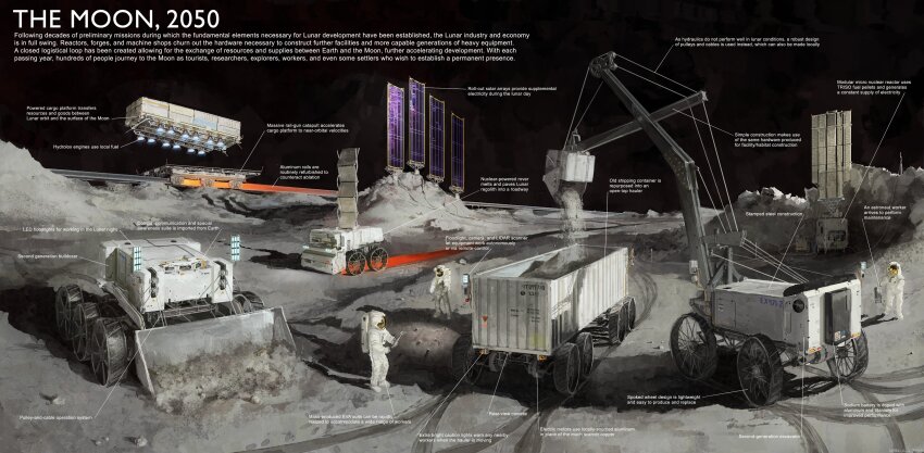 3others absurdres astronaut bulldozer diagram english_text excavator highres mining moon motor_vehicle multiple_others original science_fiction shadow shipping_container solar_panel space sunlight whaleoil