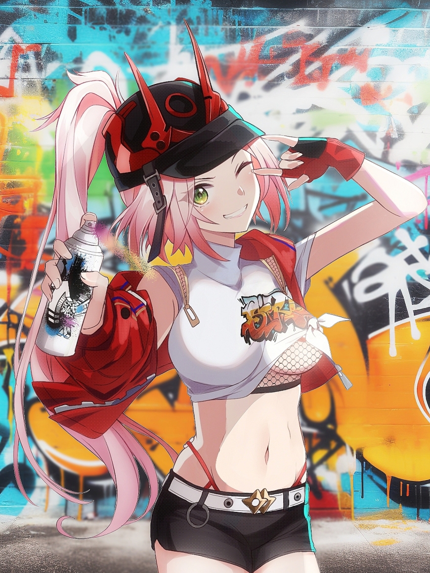 1girl aqua_eyes baseball_cap black_hat black_shorts blonde_hair breasts brick_wall can commentary cowboy_shot crop_top fake_horns fingerless_gloves fishnet_top fishnets gloves graffiti green_eyes grin hat hat_horns highres holding holding_can honkai:_star_rail honkai_(series) horned_headwear horns jacket large_breasts limited_palette long_hair looking_at_viewer midriff navel one_eye_closed partially_colored pink_hair ponytail rappa_(honkai:_star_rail) red_horns red_jacket revision saint_laurent_paris shirt short_shorts shorts sidelocks smile solo spray_can standing stomach underboob undershirt very_long_hair w white_shirt