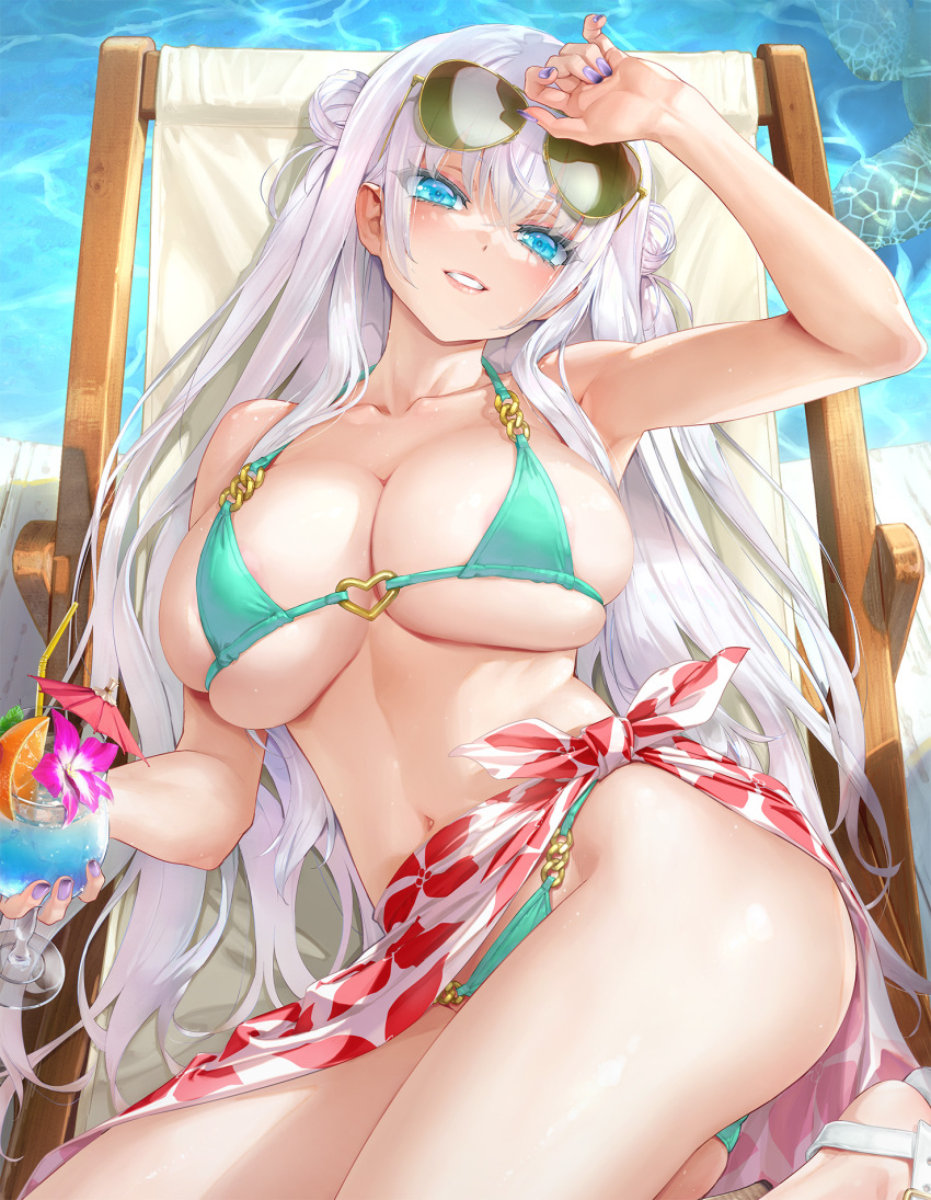 1girl arm_up armpits beach_chair bikini blue_eyes blush breasts cleavage collarbone cup eyewear_on_head green_bikini happoubi_jin highres holding holding_cup large_breasts long_hair looking_at_viewer lying nail_polish navel on_back original parted_lips purple_nails sandals sarong shiny_skin smile solo sunglasses swimsuit two_side_up white_hair