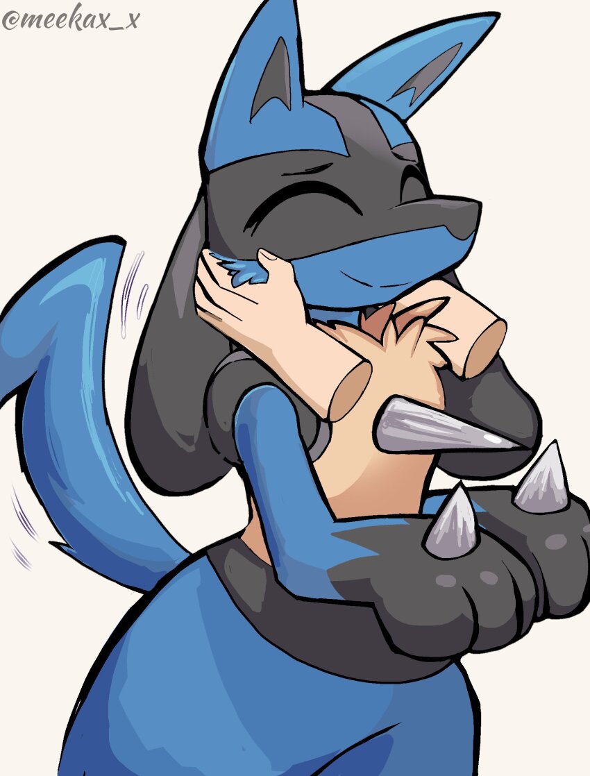 absurdres animal_ears black_hair blue_fur closed_eyes closed_mouth creatures_(company) furry game_freak gen_4_pokemon highres lucario meeka nintendo petting pokemon pokemon_(creature) sidelocks smile solo spikes tail tail_wagging wolf_ears wolf_tail yellow_fur