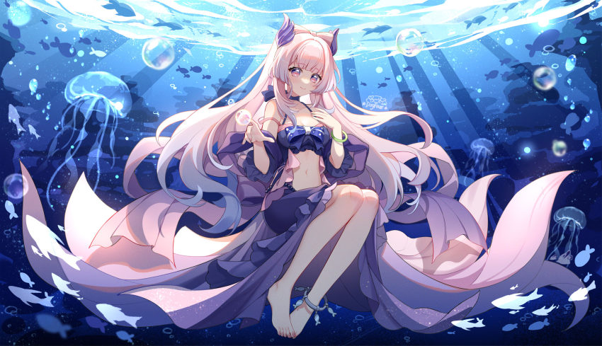 1girl air_bubble alternate_costume anklet bare_shoulders barefoot beads bikini bikini_top_only blue_hair blush bow-shaped_hair breasts bubble cleavage closed_mouth colored_tips commentary_request detached_sleeves feet fish frilled_bikini frilled_sleeves frills genshin_impact gou_lianlian_dogface gradient_eyes halterneck head_wings highres jellyfish jewelry long_hair long_skirt looking_at_viewer md5_mismatch medium_breasts multicolored_eyes multicolored_hair navel seafloor pink_hair purple_bikini purple_eyes purple_skirt purple_sleeves resolution_mismatch sangonomiya_kokomi sidelocks skirt smile solo source_smaller stomach swimsuit toes twintails two-tone_hair underwater very_long_hair wide_sleeves wings