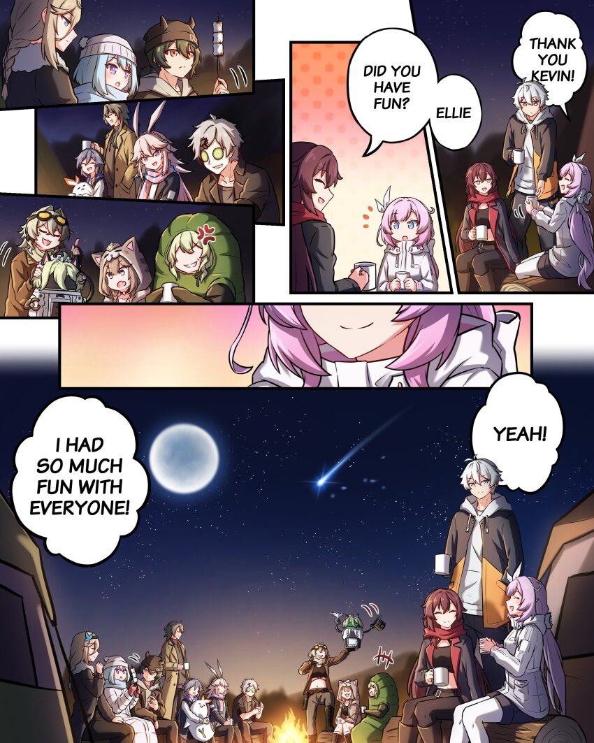 +++ 4boys 6+girls :o absurdres animal_ears animal_hood aponia_(honkai_impact) belt black_headwear blue_eyes blue_hair blue_scarf brown_footwear camping cat_hood closed_eyes commentary cup eden_(honkai_impact) elysia_(honkai_impact) english_commentary english_text eyewear_on_head fire fu_hua green_hair griseo hair_between_eyes hat highres holding holding_cup holding_stick honkai_(series) honkai_impact_3rd hood hunter_45 jacket kalpas_(honkai_impact) kevin_kaslana kosma leggings long_jacket long_sleeves looking_at_another mobius_(honkai_impact) moon multiple_boys multiple_girls navel no_eyes open_clothes open_jacket outdoors pardofelis pointy_ears rabbit_ears red_scarf scarf shirt shooting_star sitting sitting_on_log sky smile standing star_(sky) starry_sky stick stuffed_animal stuffed_toy su_(honkai_impact) top_hat v-shaped_eyebrows vill-v white_hair white_headwear white_leggings white_shirt yae_sakura yae_sakura_(goushinnso_memento)