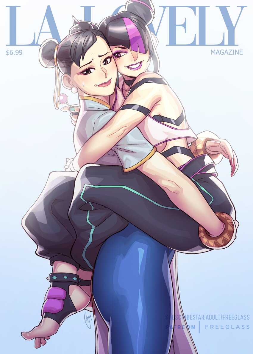 2girls absurdres baggy_pants black_hair blue_pants bracelet candy capcom cheek-to-cheek chun-li commentary double_bun eyeshadow food freeglass hair_bun hair_horns hair_over_one_eye hair_ribbon han_juri heads_together highres hug jewelry leg_lock lifting_person lollipop makeup multicolored_hair multiple_girls pants ribbon spiked_anklet spiked_bracelet spikes stirrup_footwear streaked_hair street_fighter street_fighter_6 sweatdrop tight_clothes tight_pants yuri