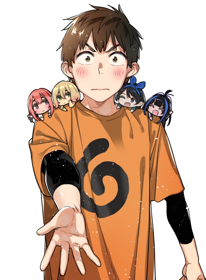 1boy 4girls black_hair blonde_hair blush brown_hair chibi chibi_on_shoulder closed_mouth commentary fang foreshortening hair_between_eyes highres kanojo_okarishimasu kinoshita_kazuya long_hair looking_at_another looking_at_viewer miyajima_reiji multicolored_hair multiple_girls nanami_mami open_mouth orange_shirt pink_hair reaching reaching_towards_viewer sakurasawa_sumi sarashina_ruka shirt short_hair short_sleeves smile streaked_hair v-shaped_eyebrows yaemori_mini