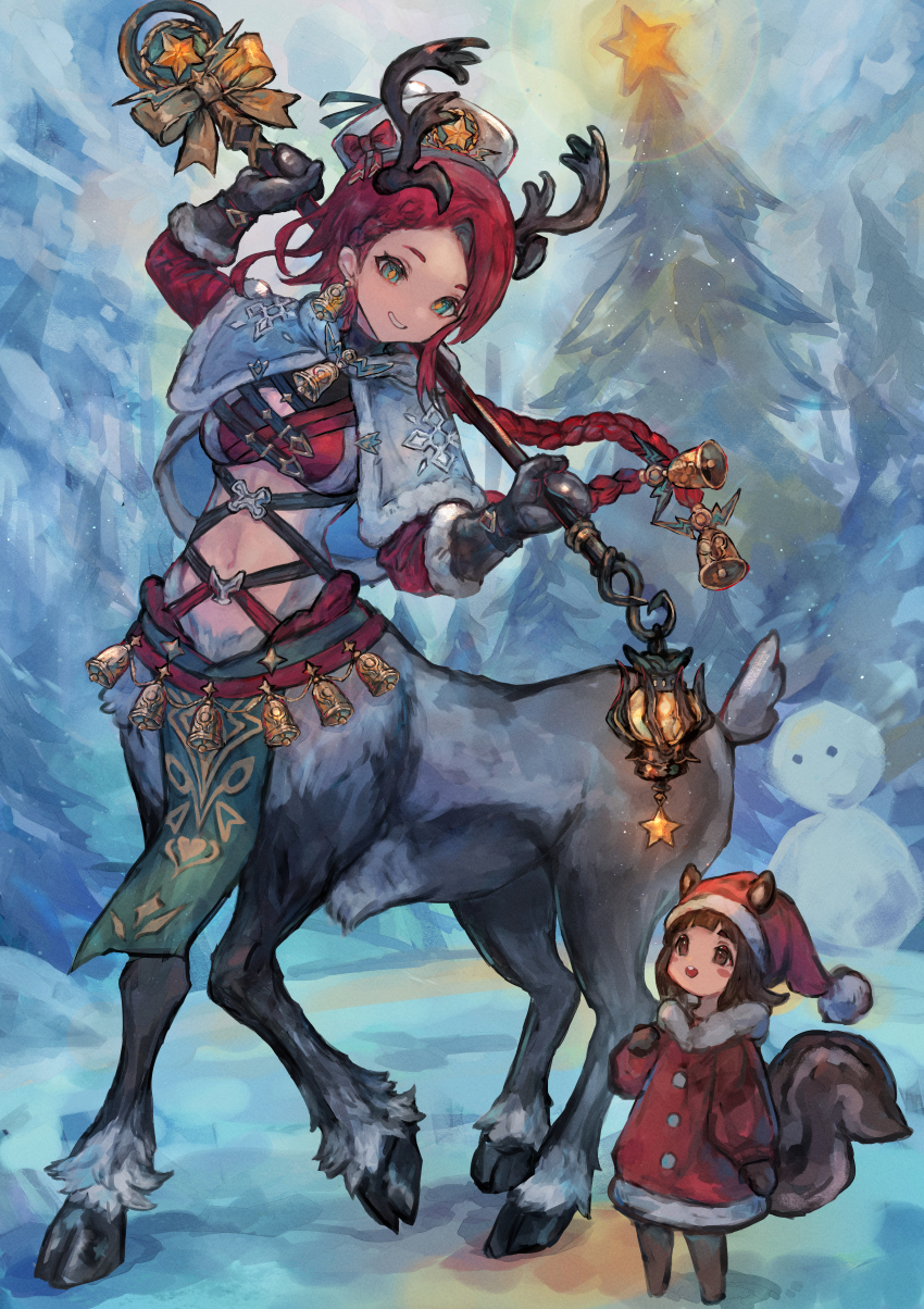 2girls absurdres animal_ears antlers bell beret black_gloves blue_eyes blunt_bangs blush_stickers braid breasts capelet carrying_over_shoulder centauroid child christmas christmas_tree coat commentary_request deer_tail full_body fur-trimmed_capelet fur-trimmed_gloves fur_trim gloves grey_capelet grin hair_bell hair_ornament hands_up hat highres holding holding_staff hooves horns jingle_bell lantern long_hair looking_at_another medium_breasts midriff monster_girl multiple_girls multiple_legs navel neck_bell open_mouth original outdoors parted_bangs partial_commentary pelvic_curtain red_coat red_eyes red_shirt reindeer_antlers reindeer_girl sabamiso_taro santa_costume santa_hat shirt shrug_(clothing) sidelocks smile snow snowman squirrel_ears squirrel_girl squirrel_tail staff standing standing_on_three_legs tail taur teeth twin_braids upper_teeth_only white_hat