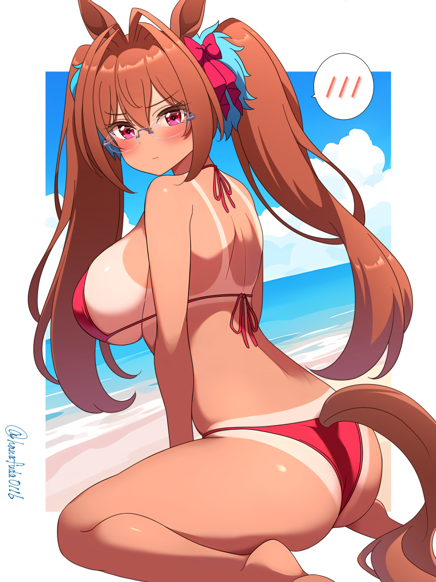 1girl absurdres animal_ears antenna_hair ass bespectacled bikini bikini_tan blush breasts brown_hair commentary_request daiwa_scarlet_(umamusume) from_behind glasses hair_intakes hanafuda_(hanafuda0116) highres horse_ears horse_girl horse_tail large_breasts long_hair looking_at_viewer looking_back red_bikini red_eyes sitting solo spoken_blush swimsuit tail tan tanline twintails twitter_username umamusume very_long_hair wariza