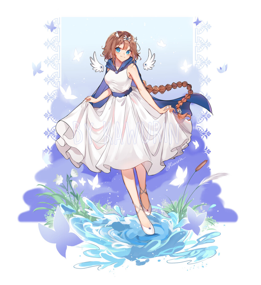 1girl bare_shoulders blue_cape blue_eyes braid brown_hair cape commentary commission detached_wings dress english_commentary flower full_body highres kawurin looking_at_viewer original reeds signature skirt_hold sleeveless sleeveless_dress solo water white_flower white_footwear white_wings wings