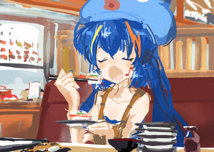 1girl bare_arms blue_hair blue_hat blue_nails blue_shirt blush booth_seating brown_overalls chopsticks closed_eyes collarbone commentary_request conveyor_belt_sushi eating eel_hat facial_tattoo fang flat_chest food hat highres holding holding_chopsticks holding_plate holding_with_chopsticks imminent_bite indoors kabuyama_kaigi long_hair multicolored_hair musical_note_tattoo open_mouth otomachi_una otomachi_una_(spicy) overalls plate plate_stack raised_eyebrows shirt sitting solo soy_sauce_bottle strapless strapless_shirt streaked_hair sushi tattoo twintails upper_body vocaloid