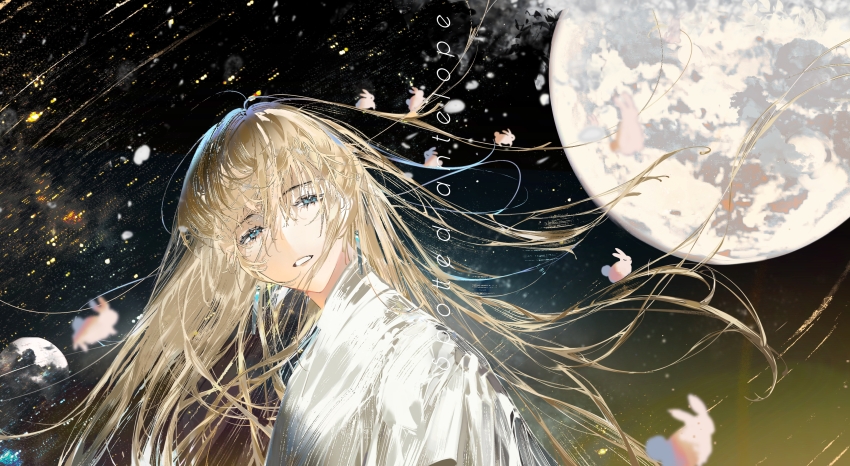 1girl absurdres blonde_hair blue_eyes character_request chinese_commentary commentary_request copyright_request floating_hair full_moon hair_between_eyes highres japanese_clothes kimono long_hair looking_at_viewer moon necessarytothink night night_sky outdoors procreate_(medium) rabbit sky solo upper_body white_kimono