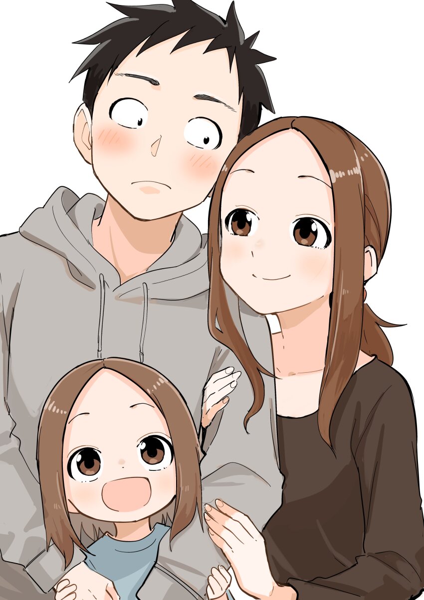 1boy 2girls absurdres arm_hug black_hair black_shirt blue_shirt blush brown_eyes brown_hair child closed_mouth collarbone commentary_request family grey_hoodie highres hood hoodie hug hug_from_behind inaba_mifumi karakai_jouzu_no_(moto)_takagi-san karakai_jouzu_no_takagi-san long_hair long_sleeves multiple_girls nishikata nishikata_chii open_mouth parted_bangs ponytail shirt short_hair sidelocks simple_background smile takagi-san upper_body white_background