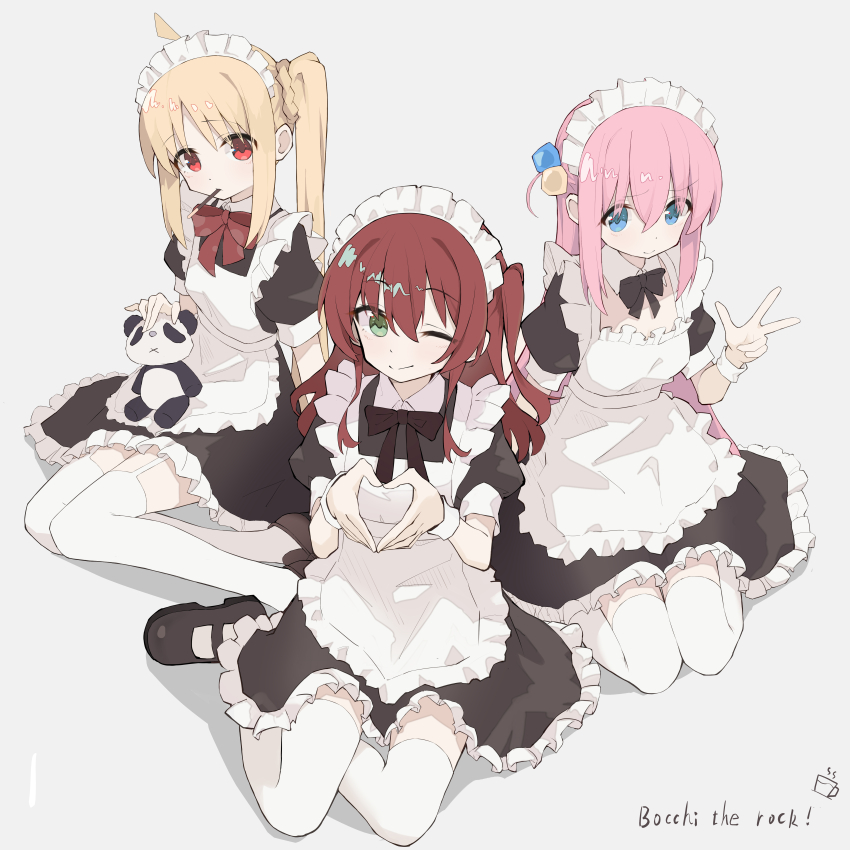 3girls absurdres apron blue_eyes bocchi_the_rock! chinese_commentary commentary_request copyright_name english_text food food_in_mouth gotoh_hitori heart heart_hands highres ijichi_nijika kita_ikuyo looking_at_viewer maid maid_apron maid_headdress moonfire multiple_girls pink_hair pocky pocky_in_mouth sitting smile stuffed_animal stuffed_panda stuffed_toy white_apron white_background white_headdress