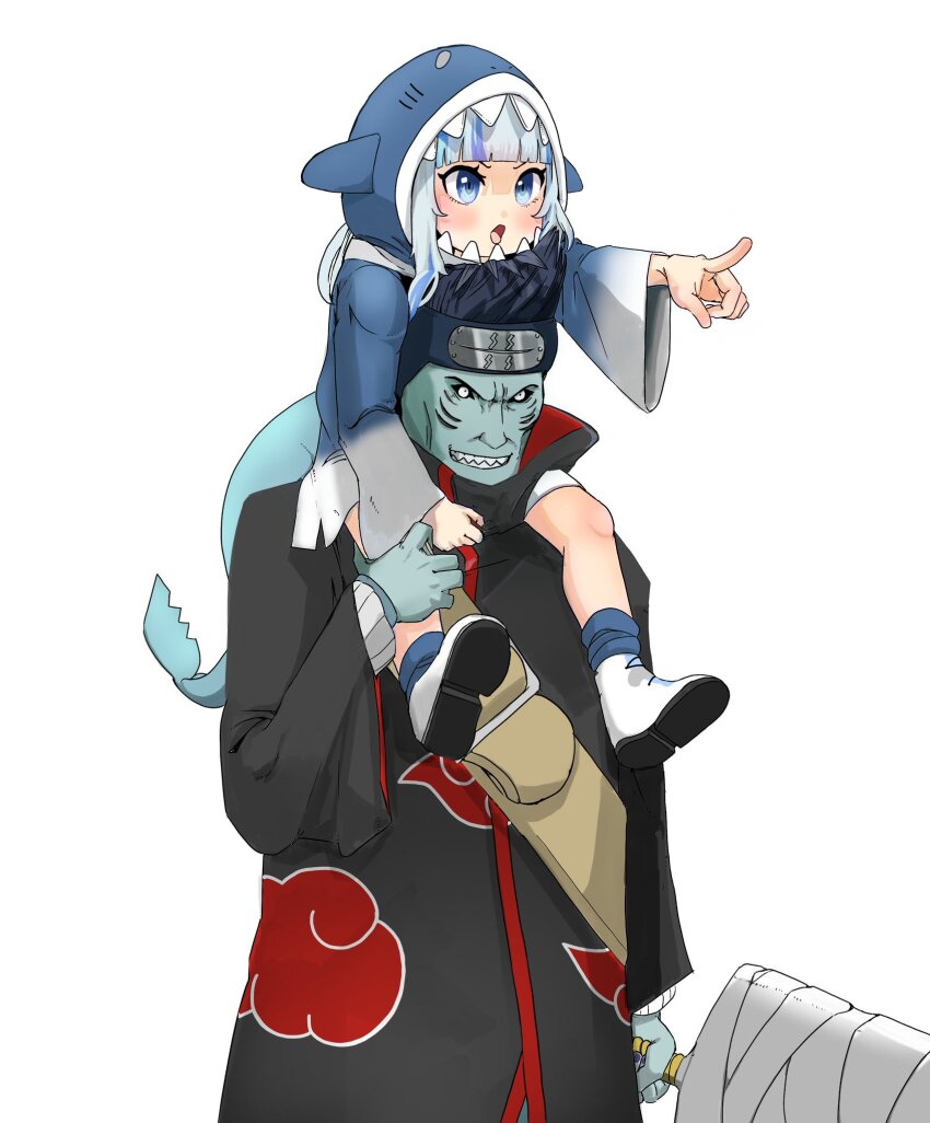 1boy 1girl akatsuki_uniform animal_hood black_hair black_robe blue_eyes blue_hair blue_hoodie blue_skin carrying colored_skin dai_roku_ten_mao fins fish_tail forehead_protector gawr_gura grey_hair highres hololive hololive_english hood hoodie hoshigaki_kisame kirigakure_symbol multicolored_hair naruto_(series) robe samehada_(naruto) shark_boy shark_girl shark_hood shark_tail sharp_teeth shoulder_carry simple_background streaked_hair tail teeth virtual_youtuber white_background