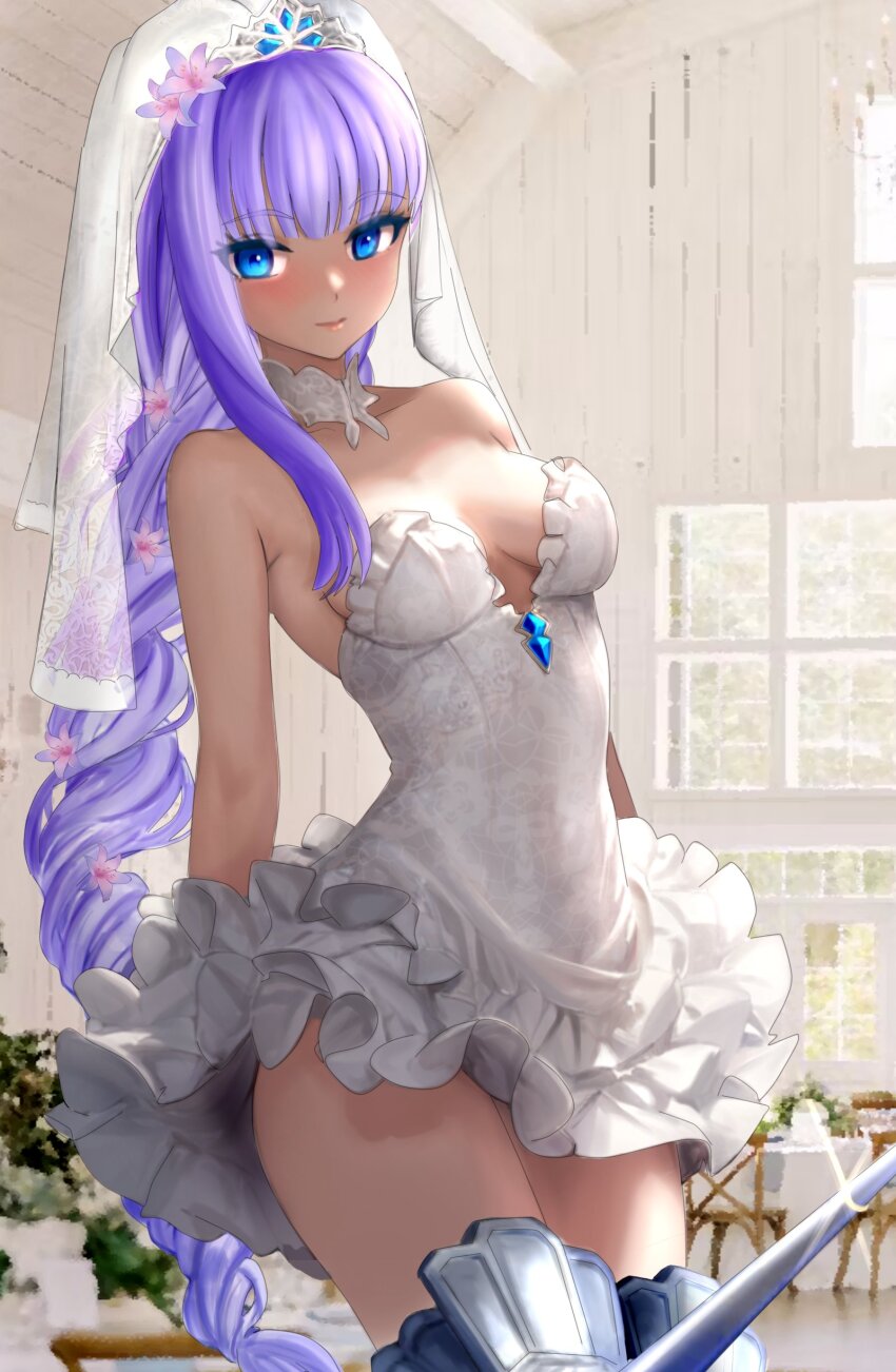 1girl absurdres bare_shoulders blue_eyes blush breasts bridal_veil bride choker cleavage closed_mouth collarbone dress fate/extra fate/extra_ccc fate/grand_order fate_(series) hair_ribbon highres long_hair looking_at_viewer meltryllis_(fate) prosthesis prosthetic_leg purple_hair raskasar ribbon small_breasts solo strapless strapless_dress thighs veil very_long_hair wedding_dress