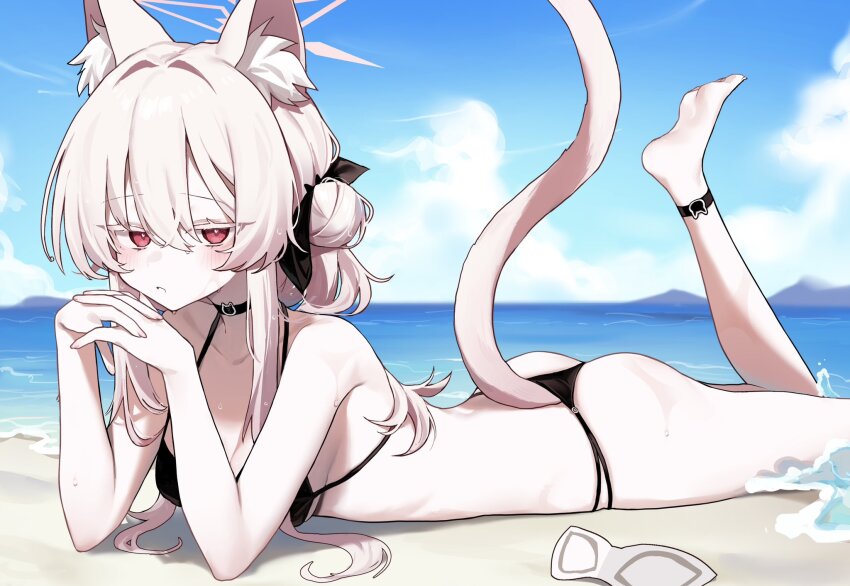 1girl akira_(blue_archive) animal_ear_fluff animal_ears ankle_strap arm_support ass barefoot beach bikini black_bikini black_bow black_choker blue_archive blue_sky blurry blurry_background blush bow breasts cat_ears cat_girl cat_tail choker cleavage cloud collarbone cowboy_shot danbal day feet foot_up from_side hair_between_eyes hair_bow halo heart heart-shaped_pupils highres horizon interlocked_fingers looking_at_viewer lying medium_breasts ocean on_stomach outdoors pink_hair red_eyes shadow short_hair_with_long_locks sky soles solo swimsuit symbol-shaped_pupils tail water