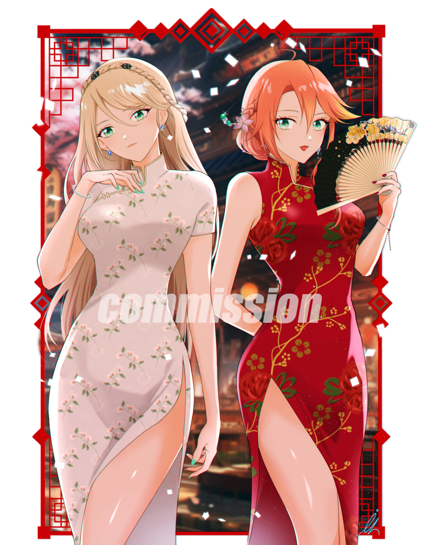 2girls alternate_hairstyle blonde_hair border braid breasts china_dress chinese_clothes commentary commission crown_braid dress eiyuu_densetsu elaine_auclair english_commentary eyelashes gradient_hair green_eyes grey_dress hair_between_eyes hand_fan highres holding holding_fan il_(il_suffered) judith_ranster kuro_no_kiseki_(series) kuro_no_kiseki_i large_breasts long_hair looking_at_viewer multicolored_hair multiple_girls orange_hair ornate_border outside_border red_dress standing two-tone_hair watermark white_border