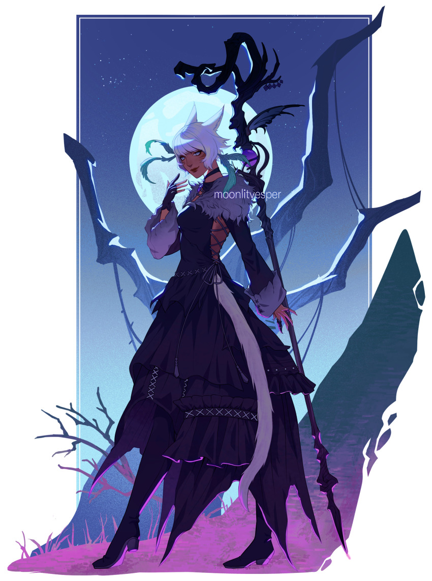 absurdres black_dress black_footwear dress feathers final_fantasy final_fantasy_xiv green_feathers highres holding holding_staff moon simple_background staff vesper_(v17-20) white_eyes white_hair y&#039;shtola_rhul