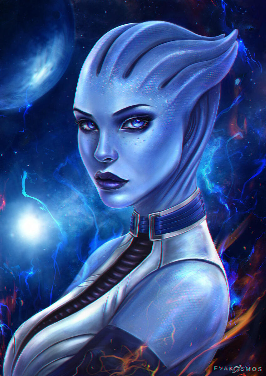 1girl alien artist_name asari_(mass_effect) bare_shoulders blue_eyes blue_lips blue_skin colored_skin eva_kosmos highres liara_t&#039;soni looking_at_viewer mass_effect_(series) sleeveless solo upper_body