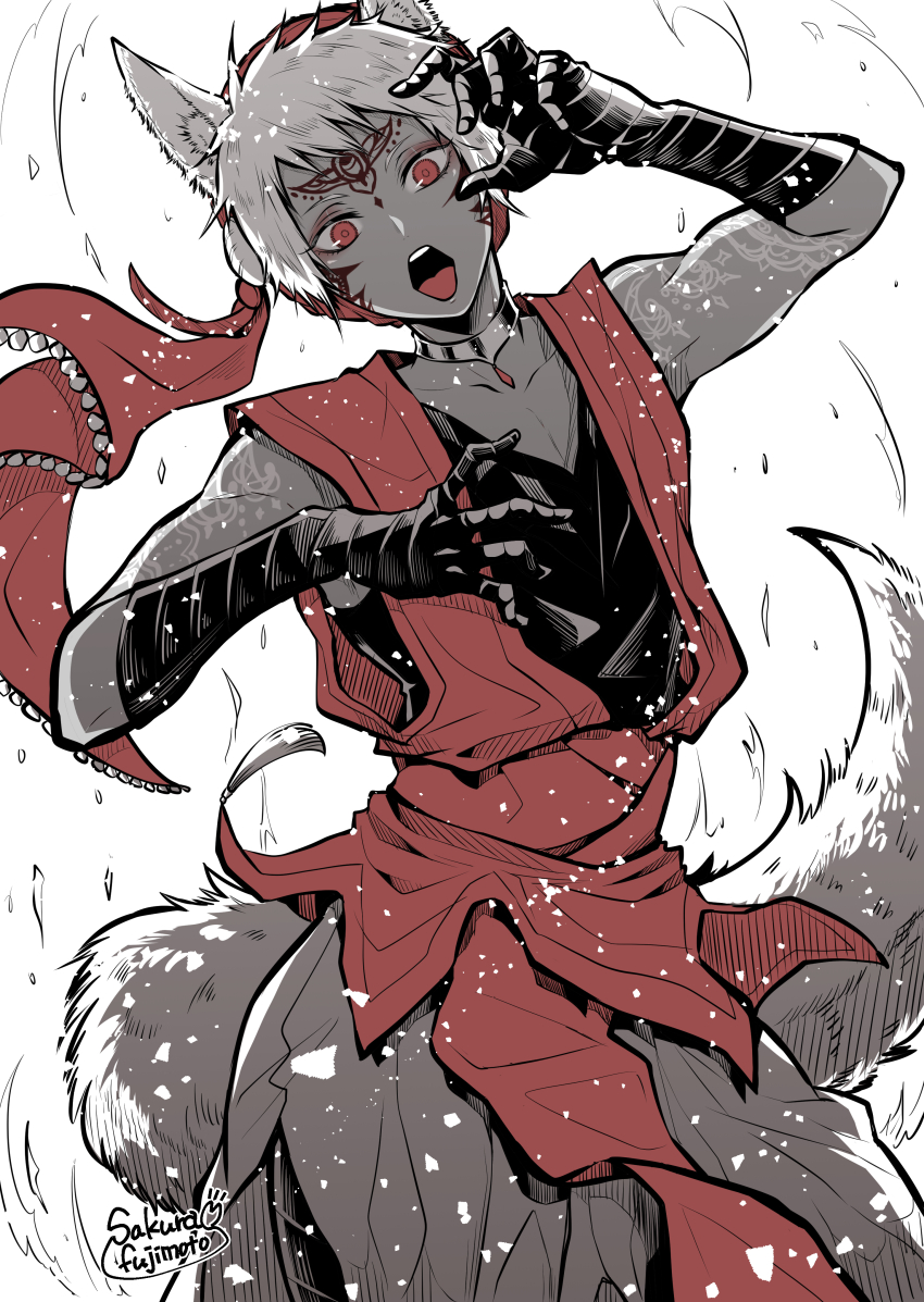 1boy absurdres animal_ear_fluff animal_ears claw_pose commentary_request fujimoto_sakura highres jewelry kalim_al-asim looking_at_viewer male_focus neck_ring red_eyes red_theme short_hair sleeveless solo spot_color tail twisted_wonderland white_background wolf_boy wolf_ears wolf_tail