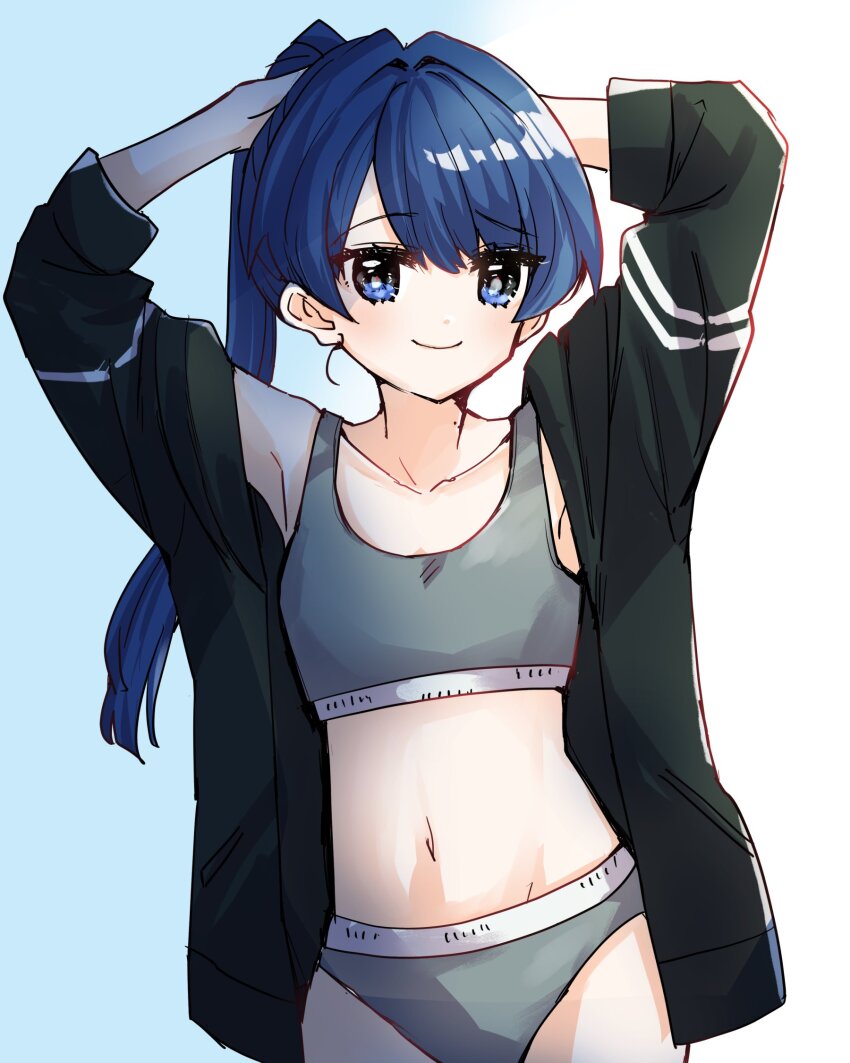 1girl armpits arms_up blue_background blue_eyes blue_hair borrowed_clothes breasts closed_mouth collarbone commentary_request cowboy_shot dark_blue_hair gradient_background grey_panties grey_sports_bra high_ponytail highres kanduki_kamibukuro link!_like!_love_live! long_hair looking_at_viewer love_live! midriff mole mole_on_neck murano_sayaka navel panties ponytail sidelighting sleeves_past_elbows small_breasts smile solo sports_bra two-tone_background underwear virtual_youtuber white_background