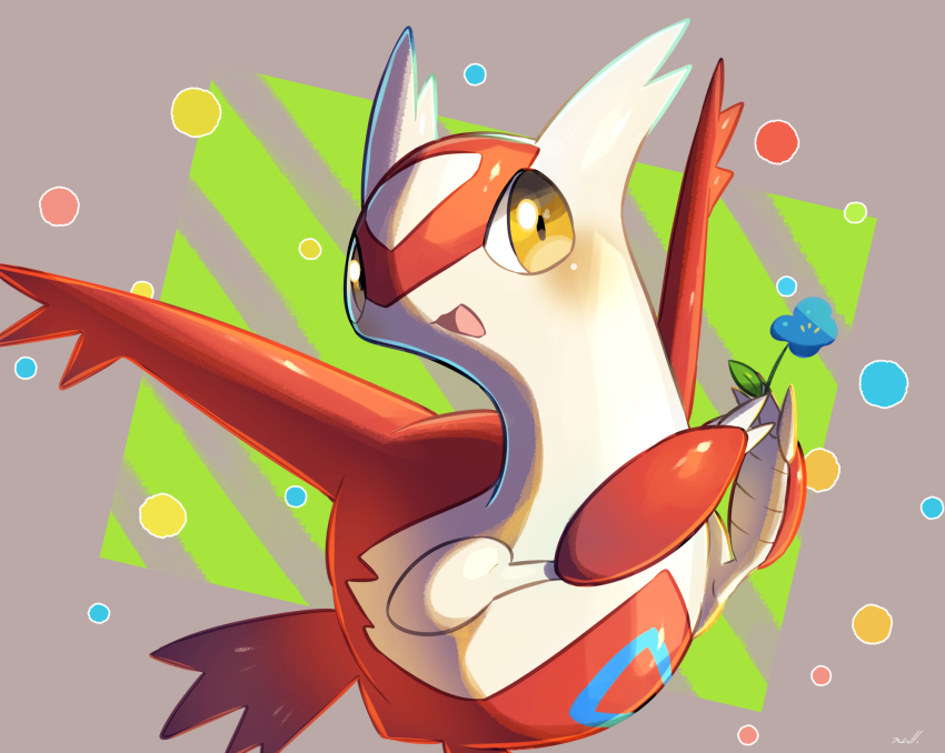 blush claws creatures_(company) flower game_freak gen_3_pokemon highres holding latias legendary_pokemon nintendo no_humans nullma open_mouth pokemon pokemon_(creature) smile solo wings yellow_eyes