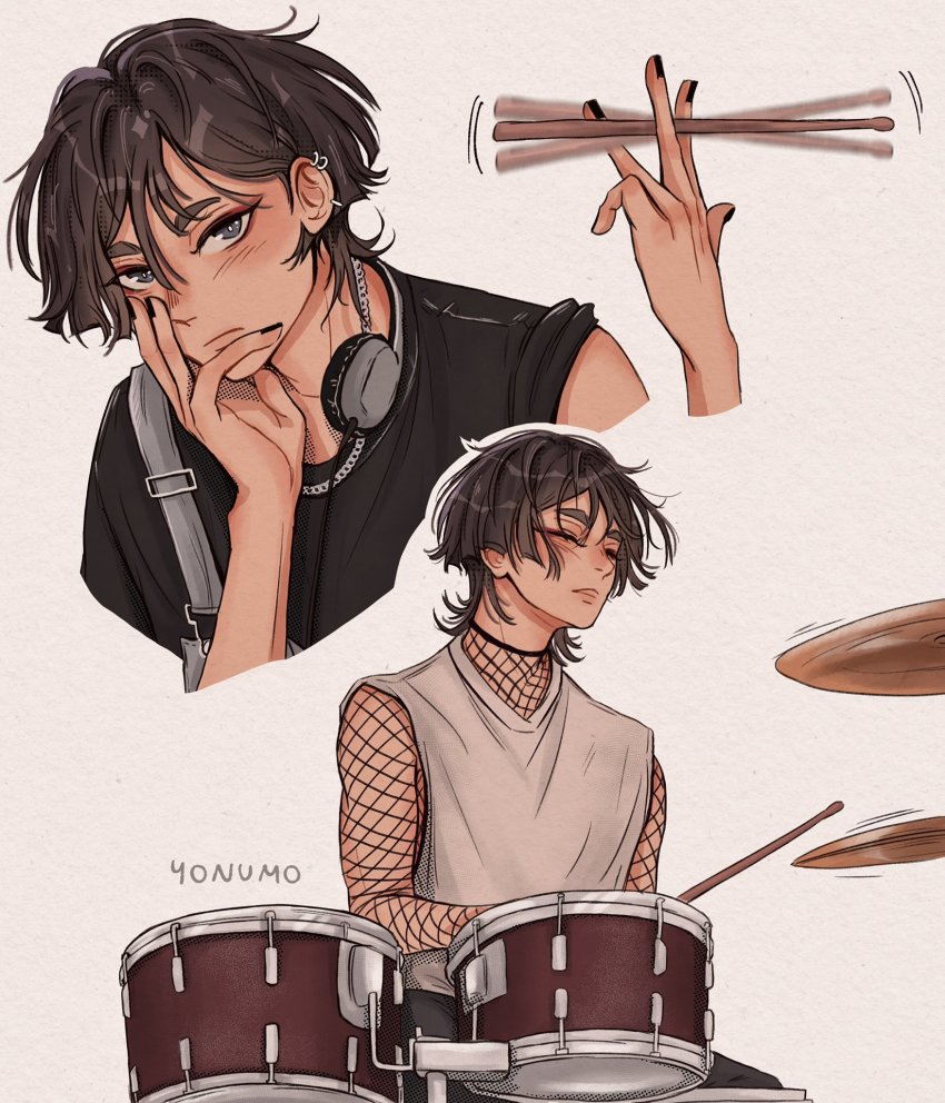 1boy alternate_costume black_hair black_nails blue_eyes blush drum drum_set drumsticks ear_piercing eyeliner fishnets genshin_impact headphones headphones_around_neck highres holding holding_drumsticks instrument looking_at_viewer male_focus multiple_views nail_polish piercing red_eyeliner scaramouche_(genshin_impact) short_hair yonumo