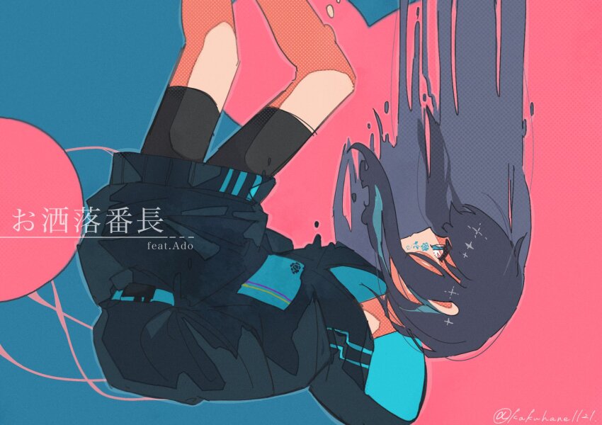 1girl ado_(utaite) bike_shorts black_hair black_jacket black_shorts blue_eyes chando_(ado) commentary flower_facial_mark hane_(kakuhane) hashtag-only_commentary highres hood hood_down jacket long_hair pink_background shorts sidelocks solo twitter_username utaite