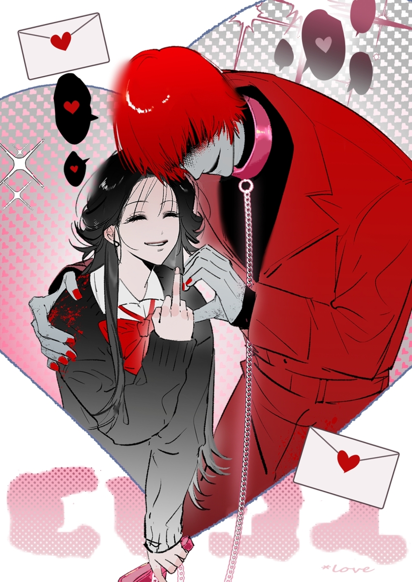 1boy 1girl black_cardigan black_hair cardigan chain chain_leash chinese_commentary closed_eyes coat collar commentary_request envelope heart heart_hands_failure heroine_(homicipher) hetero highres holding holding_leash homicipher homicipher_text leash long_hair middle_finger mr._scarletella red_coat red_hair red_nails short_hair yu_lan