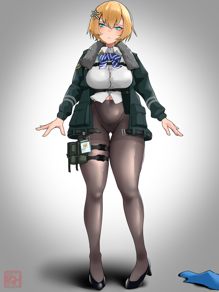 1girl ammunition_pouch artist_logo black_footwear black_jacket black_pantyhose blonde_hair blue_bow blue_bowtie blue_eyes blue_skirt bow bowtie breasts buckle button_gap chest_harness closed_mouth collared_shirt commentary_request full_body girls&#039;_frontline hair_between_eyes hair_ornament harness high-waist_pantyhose high_heels highres id_card jacket large_breasts logo long_sleeves magazine_(weapon) mole mole_under_eye navel neoyamah open_clothes open_jacket panties panties_under_pantyhose pantyhose pouch shadow shirt short_hair sidelocks simple_background skindentation skirt snap-fit_buckle snowflake_hair_ornament solo standing striped_bow striped_bowtie striped_clothes thigh_pouch underbust underwear unworn_skirt vsk-94_(girls&#039;_frontline) white_shirt