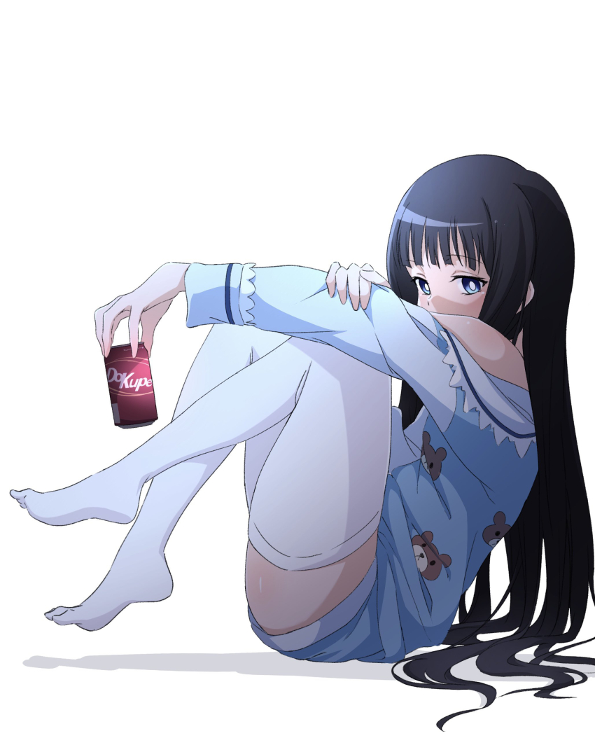 1girl absurdres black_hair blunt_bangs commentary_request from_side full_body highres kami-sama_no_memo-chou long_hair long_sleeves nishizuki_shino shionji_yuuko simple_background solo thighhighs white_background white_thighhighs