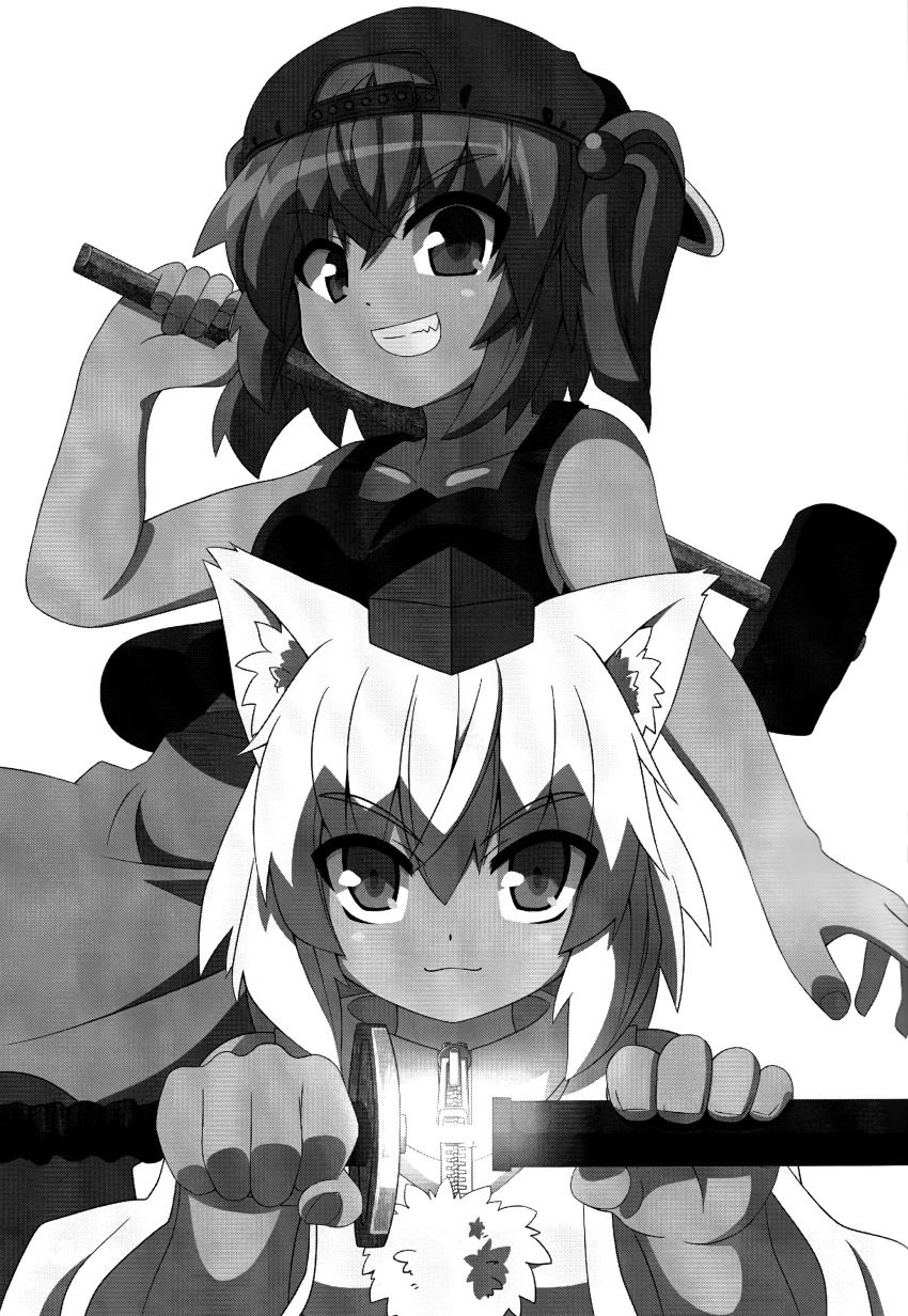 2girls absurdres animal_ears baseball_cap comic greyscale hair_bobbles hair_ornament hammer hat highres inubashiri_momiji kawashiro_nitori long_sleeves medium_hair monochrome multiple_girls pom_pom_(clothes) ryuu_(multitask) short_hair skirt sword tank_top tokin_hat touhou twintails two_side_up weapon wide_sleeves wolf_ears