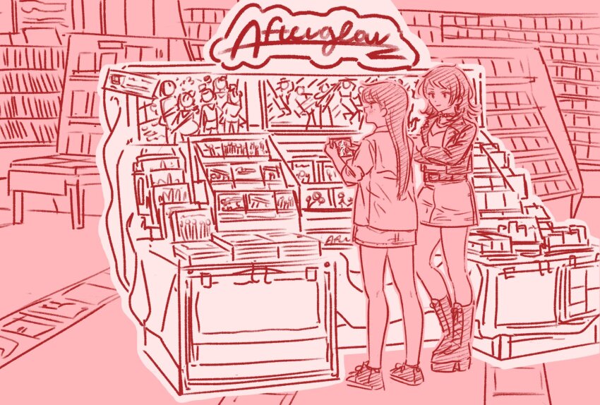 2girls afterglow_(bang_dream!) bang_dream! bang_dream!_it&#039;s_mygo!!!!! boots choker cross-laced_footwear denim denim_skirt eoljukko highres holding_cd jacket lace-up_boots long_hair looking_at_another monochrome multiple_girls record_store shiina_taki shirt shoes shop skirt smile sneakers yahata_umiri