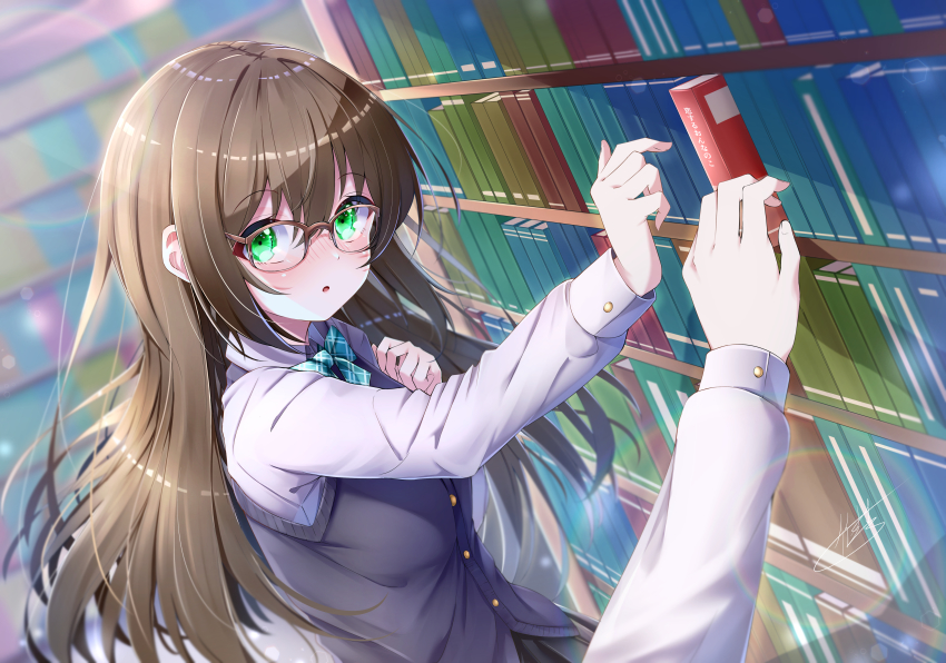 1girl 1other absurdres bookshelf bow brown_hair glasses green_eyes highres library long_hair looking_at_viewer open_mouth original plaid_bow pleated_skirt pov school_uniform skirt sweater_vest takemura_kou