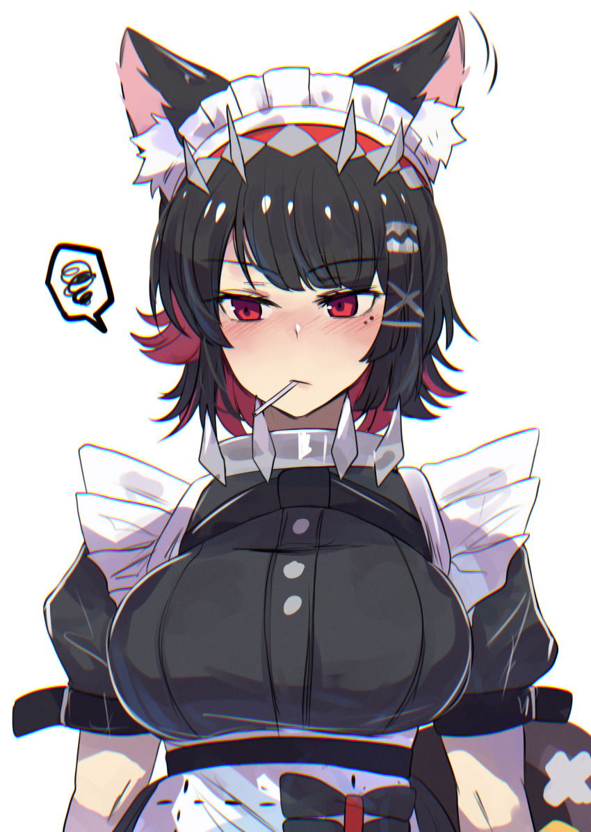 1girl absurdres animal_ears black_dress black_hair breasts cat_ears colored_inner_hair dress ellen_joe highres hinghoi kemonomimi_mode large_breasts maid maid_headdress mole mole_under_eye mouth_hold multicolored_hair puffy_short_sleeves puffy_sleeves red_eyes red_hair short_sleeves simple_background solo spoken_squiggle squiggle upper_body white_background zenless_zone_zero