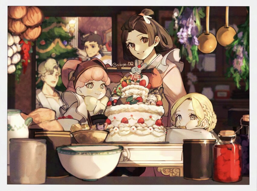 2boys 3girls ace_attorney apron blonde_hair border bow bow-shaped_hair bowl braid brown_eyes brown_hair cake christmas_tree chuunosuke_(ace_attorney) commentary cookie eating food fruit gina_lestrade hanging_plant herlock_sholmes highres holding holding_tray indoors iris_wilson japanese_clothes jar kimono kumaris multiple_boys multiple_girls oven_mitts pink_hair pink_kimono plant potted_plant ryunosuke_naruhodo seinikuten short_hair strawberry susato_mikotoba symbol-only_commentary the_great_ace_attorney tray twitter_username updo usalock usato_(ace_attorney) vase wall_lamp white_apron white_border yellow_bow