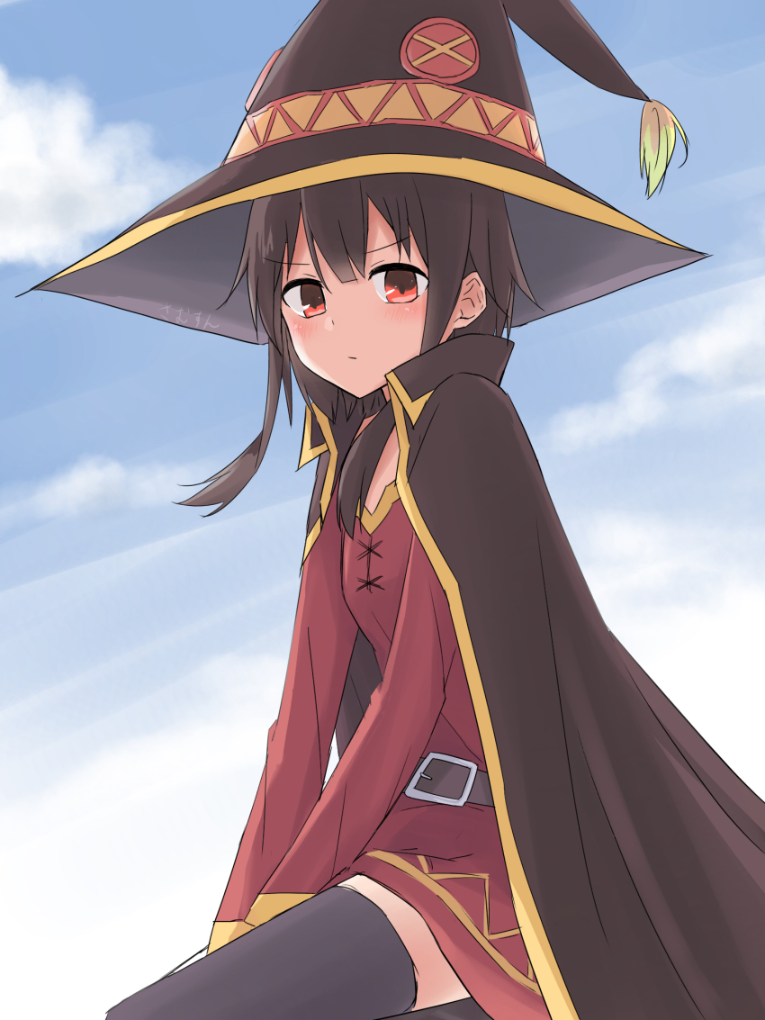 1girl belt black_hair black_thighhighs blush breasts buckle cape closed_mouth cloud cowboy_shot dress hat highres kono_subarashii_sekai_ni_shukufuku_wo! long_sleeves looking_at_viewer looking_to_the_side medium_hair megumin red_cape red_dress red_eyes samusun sidelocks sky small_breasts solo thighhighs thighs witch_hat