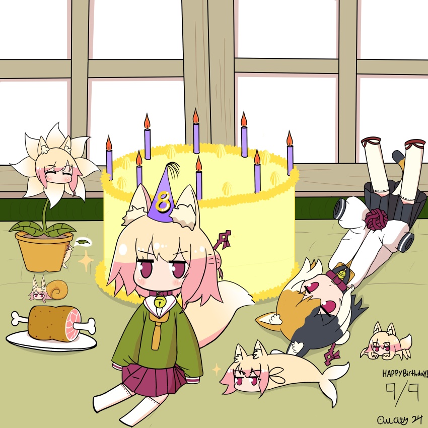 5girls 6+girls ^_^ absurdres animal animal_ears anime_coloring architecture artist_name bell birthday blonde_hair boned_meat cake candle closed_eyes collar commentary crab dated deformed east_asian_architecture english_text fish flower food fox_ears fox_girl fox_tail full_body gamerowlcity24 green_serafuku hair_bun hair_ornament hair_stick happy_birthday highres jingle_bell jitome kemomimi-chan_(naga_u) leaf light_blush long_sleeves looking_at_viewer lying meat mention-only_commentary multicolored_hair multiple_girls naga_u_(style) neck_bell no_mouth on_back original oversized_food oversized_object plant red_collar red_eyes red_skirt school_uniform serafuku sitting skirt slug snail socks sparkle speech_bubble split-color_hair tail two-tone_hair white_socks