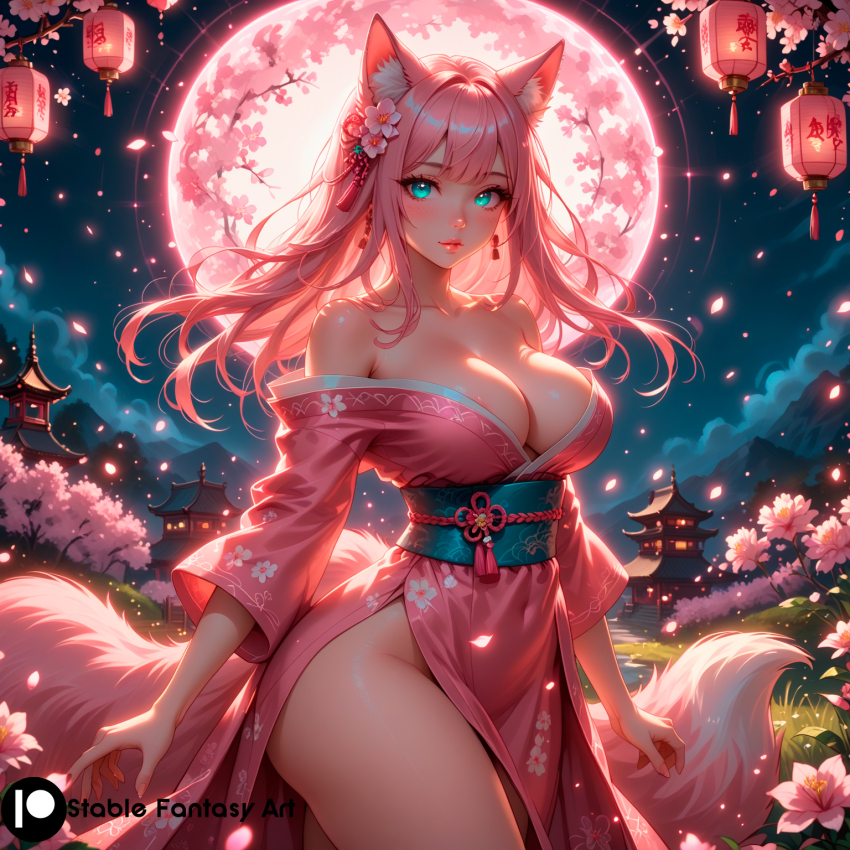 1girl animal_ears artist_name bad_tag bare_shoulders blush breasts character_name_melissa_(stblfantasy) cherry_blossoms cleavage curvy dress feet fox_ears fox_girl fox_tail furry hair_between_eyes hair_ornament highres japanese_clothes kimono kitsune large_breasts legs_together long_hair long_sleeves looking_at_viewer looking_shy melissa_(stblfantasy) original pink_hair pussy seated sexually_suggestive smile solo stable_diffusion stblfantasy tail thick_thighs thighs turquoise_eyes