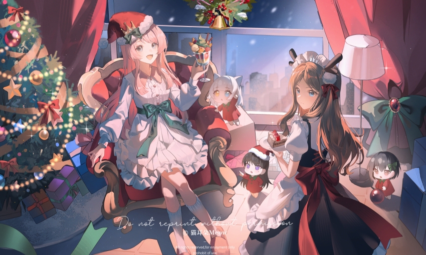 5girls absurdres apron bang_dream! bang_dream!_it&#039;s_mygo!!!!! black_hair blue_bow blue_eyes blush bow brown_eyes brown_hair cake center_frills chibi chihaya_anon chinese_commentary christmas_tree closed_mouth commentary_request dress fake_antlers fang food frilled_apron frills gift green_bow grey_eyes grey_hair hair_bow hat heterochromia highres indoors kaname_raana kneehighs lamp long_hair long_sleeves maid maid_apron maoerduo_meow mole mole_under_eye multiple_girls mygo!!!!!_(bang_dream!) nagasaki_soyo open_mouth pink_footwear pink_hair puffy_short_sleeves puffy_sleeves purple_eyes red_dress red_hat santa_hat shiina_taki short_hair short_sleeves sitting skin_fang slippers socks takamatsu_tomori white_apron white_dress white_hair white_socks yellow_eyes