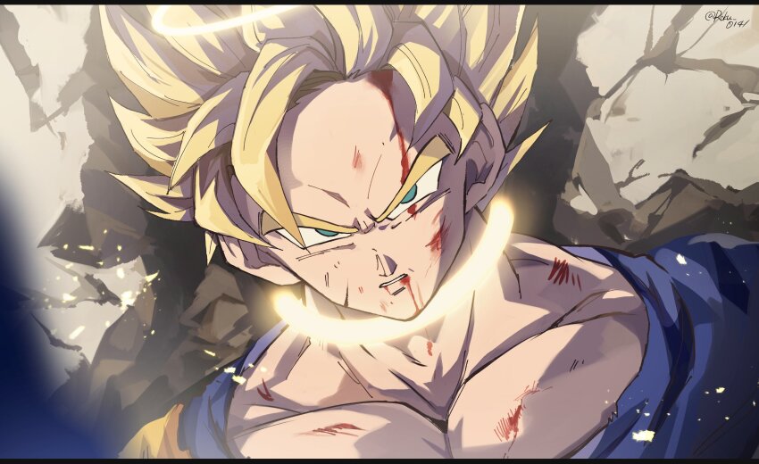 1boy blood blood_from_mouth blood_on_face blurry commentary_request depth_of_field dragon_ball dragonball_z dutch_angle furrowed_brow highres large_pectorals male_focus pectoral_cleavage pectorals portrait pov roku_(roku_0141) serious solo_focus son_goku super_saiyan super_saiyan_2