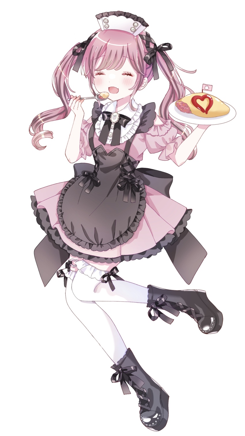 1girl ^_^ absurdres apron azarashi6 back_bow black_apron black_bow black_footwear blush boots bow brown_hair closed_eyes dress eyelashes fang flag food frilled_dress frills full_body highres holding holding_plate holding_spoon multicolored_hair omelet omurice open_mouth original pink_dress pink_hair plate puffy_short_sleeves puffy_sleeves short_sleeves simple_background solo spoon streaked_hair thighhighs tongue twintails two-tone_hair white_thighhighs