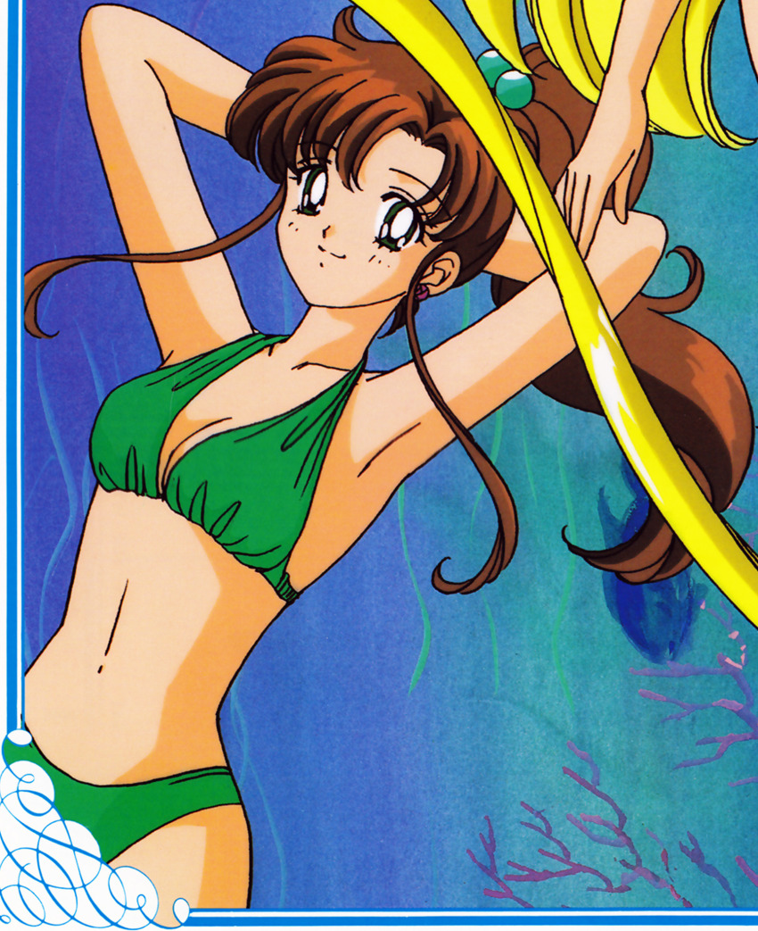 1girl armpits arms_behind_head bikini bishoujo_senshi_sailor_moon breasts brown_hair cleavage closed_mouth closed_mouth_smile green_bikini green_eyes happy highres kino_makoto looking_at_viewer medium_breasts navel official_art ponytail smile solo swimsuit