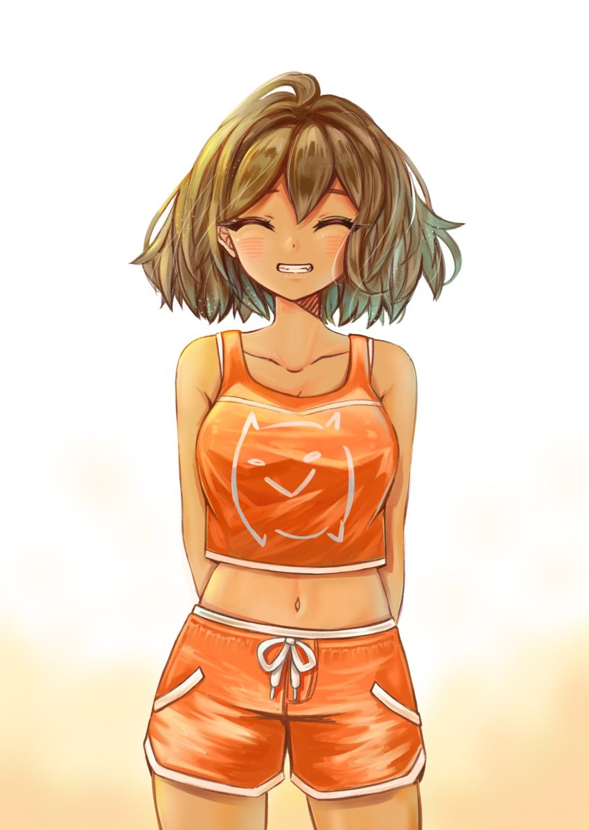 1girl arms_behind_back breasts brown_hair closed_eyes collarbone crop_top dark-skinned_female dark_skin facing_viewer genderswap genderswap_(mtf) grin highres kel_(faraway)_(omori) kel_(omori) medium_breasts navel omori orange_shorts parted_lips regrets_(r8grets) short_hair shorts smile solo teeth