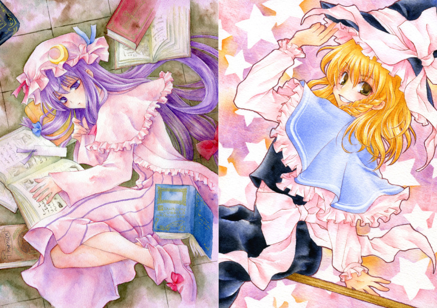 2girls aoi_yuuka_(ao_no_kokoro) blonde_hair book broom broom_riding female_focus hat kirisame_marisa long_hair lying multiple_girls patchouli_knowledge purple_eyes purple_hair smile star_(symbol) touhou traditional_media very_long_hair witch_hat