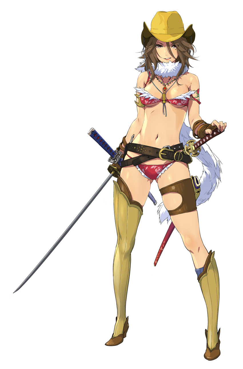 1girl absurdres arm_tattoo asymmetrical_legwear aya_(oneechanbara) bikini brown_eyes brown_hair crossed_belts enami_katsumi female_focus fingerless_gloves floral_print full_body fur_trim gloves grin hair_between_eyes hat high_heels highres holding holding_sword holding_weapon holster jewelry katana kneehighs long_hair looking_at_viewer mole mole_under_eye necklace official_art oneechanbara sheath sheathed simple_background smile socks solo standing swimsuit sword tattoo thigh_holster thighhighs uneven_legwear weapon white_background