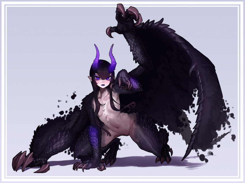 1girl absurdres black_hair black_scales blue_eyes blue_horns blunt_bangs breasts claws collarbone completely_nude copyright_request d: dragon_girl dragon_horns dragon_wings ekrea_jan full_body gore_magala grey_background hair_censor hair_over_breasts highres horns long_hair looking_at_viewer medium_breasts monster monster_girl monster_hunter_(series) navel nude open_mouth personification solo stomach wings